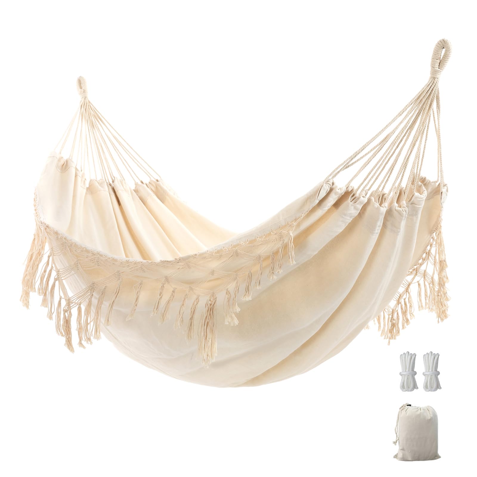 Double Boho Macrame Hammock with Elegant Tassels for Patio, Yard, Beach Wedding Decor, Outdoor and Indoor Up to 450lbs Include Tie Ropes and Drawstring Bag