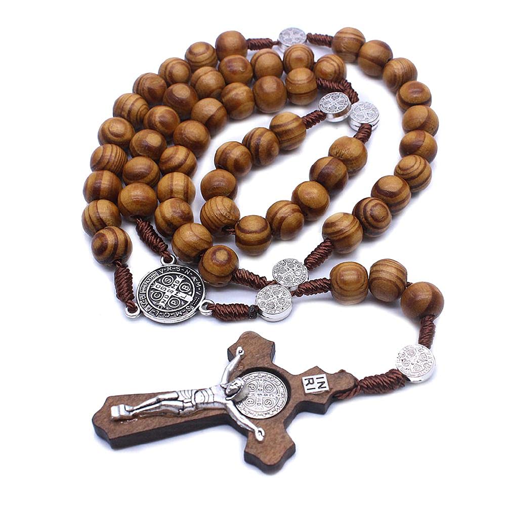 Esing Fashion Wooden Catholic Cross Necklace Religious Jewelry Handmade Round Bead Religious Men’s Necklace Charm Gift Religious Personality Necklace