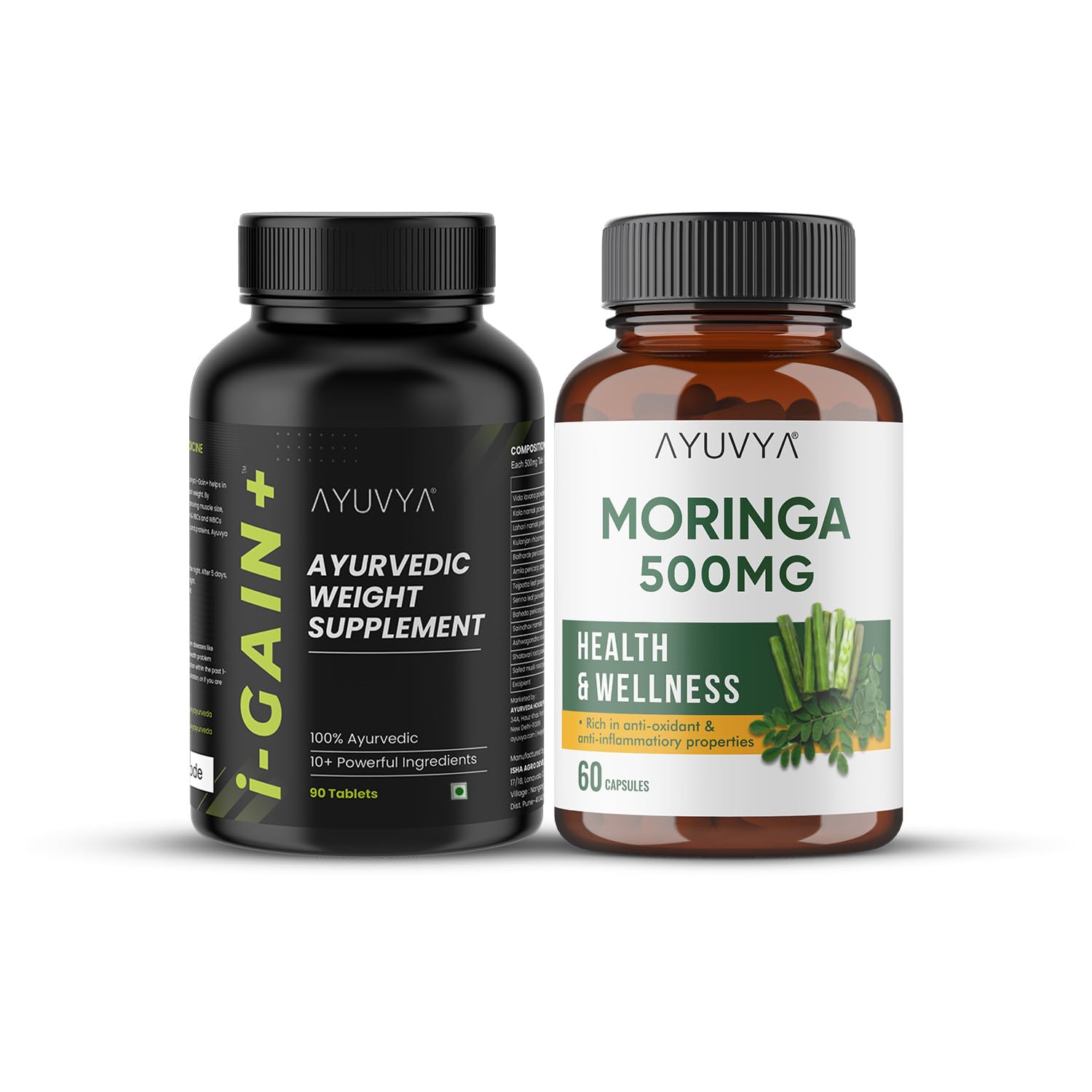 Ayuvya i-Gain+ & Moringa Capsules Combo | i-Gain+ for Muscle Mass, Digestion & Weight Gain | Moringa for Energy, Immunity & Digestive Health | Pack of 2