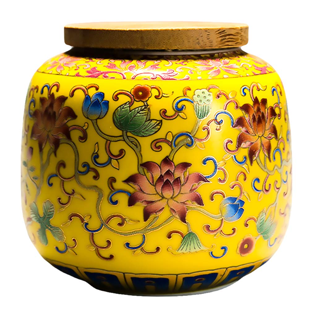 Ceramic Tea Canister with Airtight Wood Lid Vintage Chinese Style Tea Storage Jars Traditional Tea Tins Cans Tea 230ML for Kitchen Spice Tea Coffee Condiment Yellow (7.7oz)