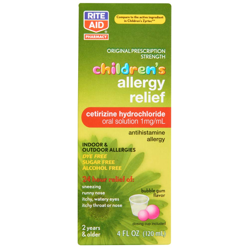 Rite Aid Children's Allergy Relief Cetirizine, Bubble Gum Flavor, 1 mg - 4 fl oz | Childrens Allergy Medicine for Kids | Sugar-Free, Dye-Free, Alcohol-Free | Child Allergy Medicine | Runny Nose Relief