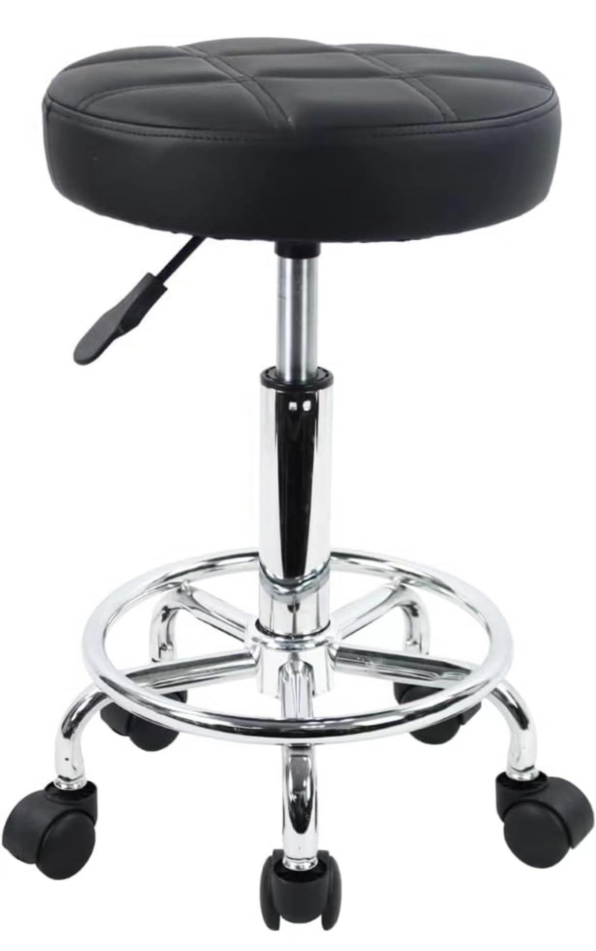 SKY-TOUCH Round Rolling Stool: Vanity Chair with PU Leather Height Adjustable 360° Swivel Stool with Wheels for Office Home Drafting Work Studio Shop SPA Salon