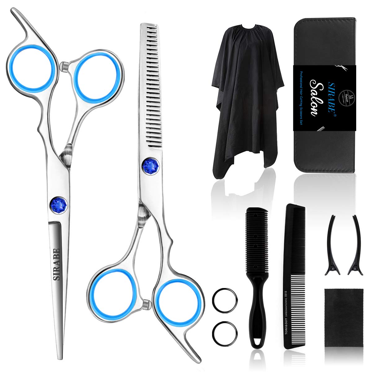 Hair Cutting Scissors Set 6 inches, Sapphire Professional Stainless Steel Reinforced Barber/Salon Shears for Hairdressing, Thinning, Home Use, Flat Shears Teeth Shear set with Hair Clip and cape