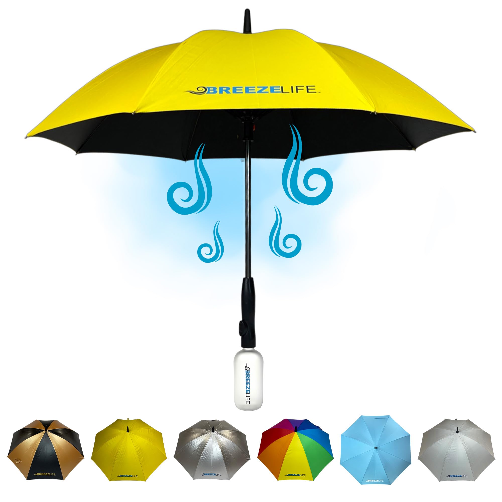 MISTERBREEZE Sun Umbrella with Fan and Mister. A portable misting fan that blocks 99.9% of all UVA and UVB rays. Cooling for festival, beach and summer activities.