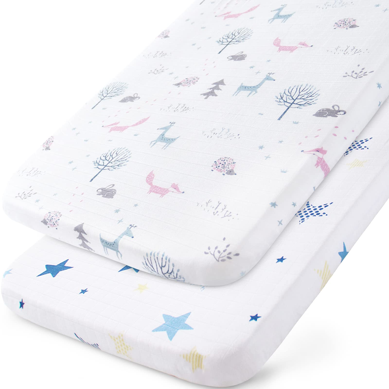 Muslin Bassinet Sheets Fit for AMKE 3 in 1, Besrey, Bellababy, Evolur Stellar, Milliard, TCBunny and Other Bedside Sleeper Bassinet - Star and Fox - 2 Pack