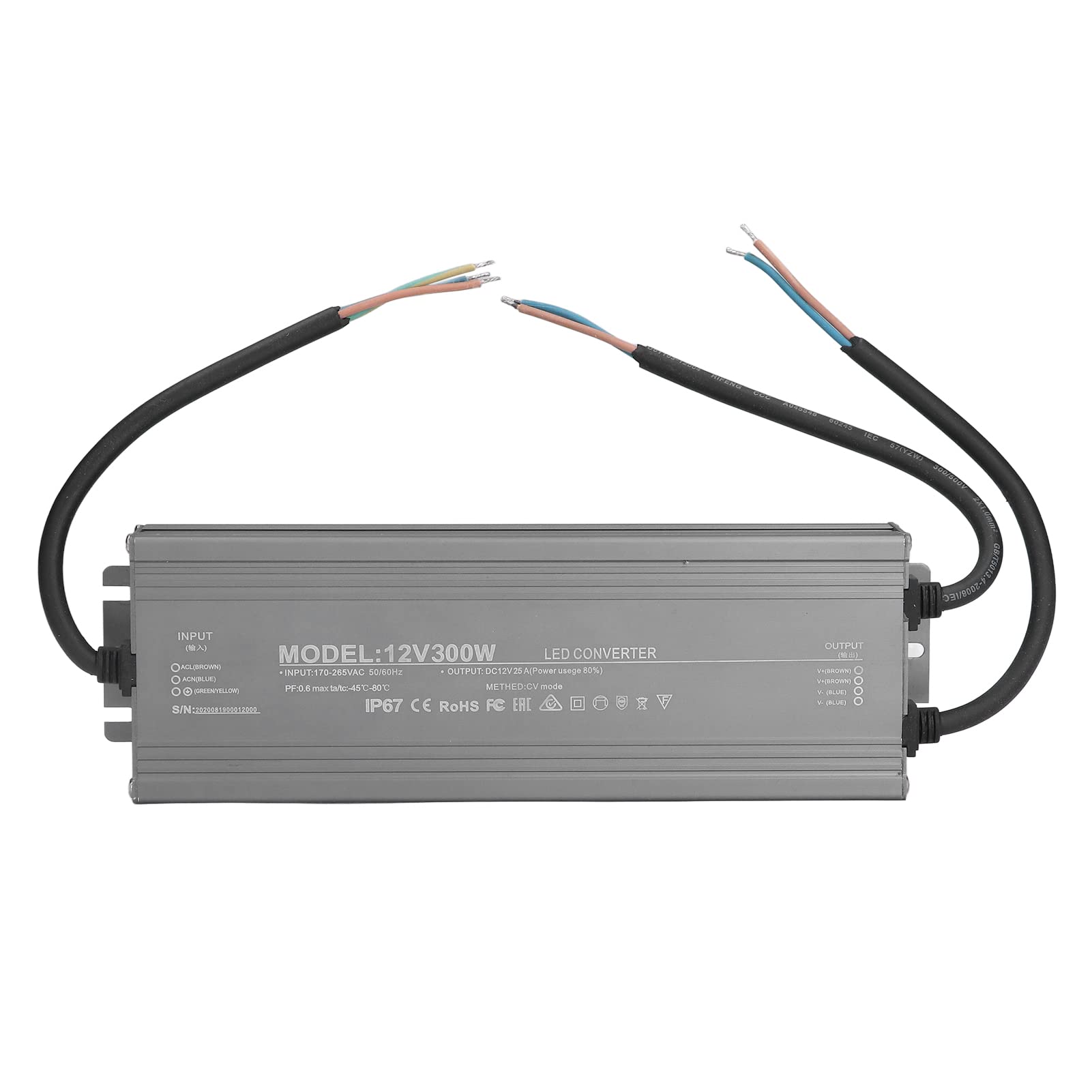 Folany LED Driver 300 Waterproof IP67 Power Supply Transformer Adapter, AC170‑265V Low Voltage Output for LED Light, Computer Project, Outdoor Light(12V 25A)