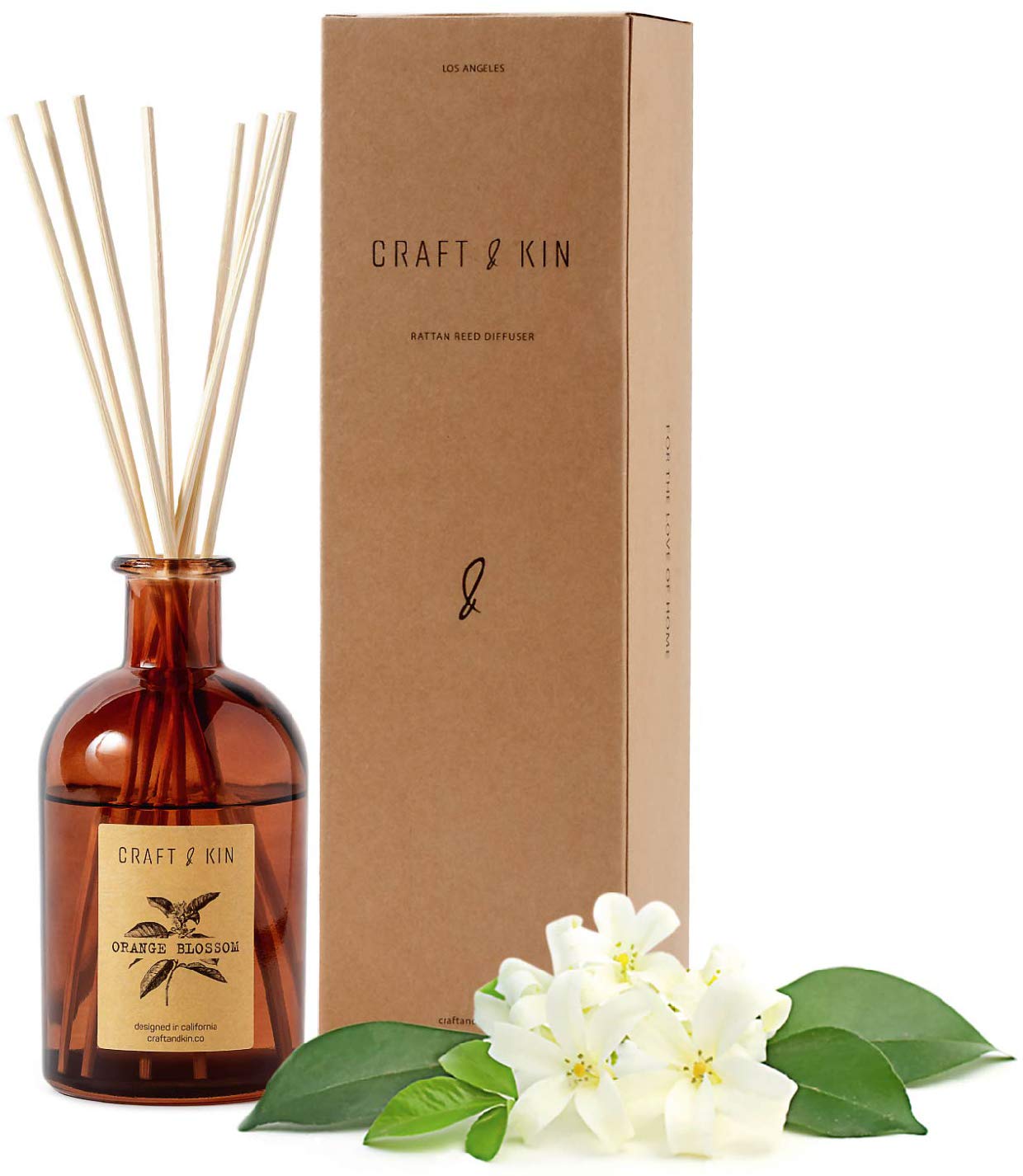 Orange Blossom & Lotus Reed Diffuser | All Natural Essential Oil & 8 Rattan Scent Sticks | Reed Diffusers for Home | Reed Diffuser Set for Bathroom | Long Lasting Fragrance in Amber Glass - 5.75 oz