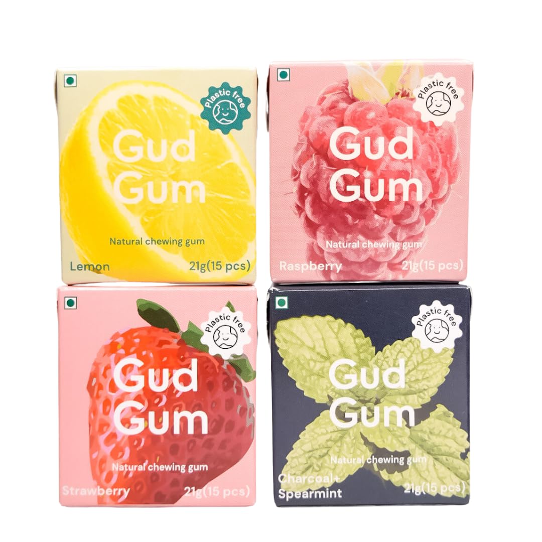 Gud Gum- Natural, Plastic Free Chewing Gum- Raspberry, Lemon, Charcoal Mint, Strawberry- 21g x 4 - Mini Pack of 4- No added artificial colours, flavours & sweeteners (4 Packs, 60 chewing gums)