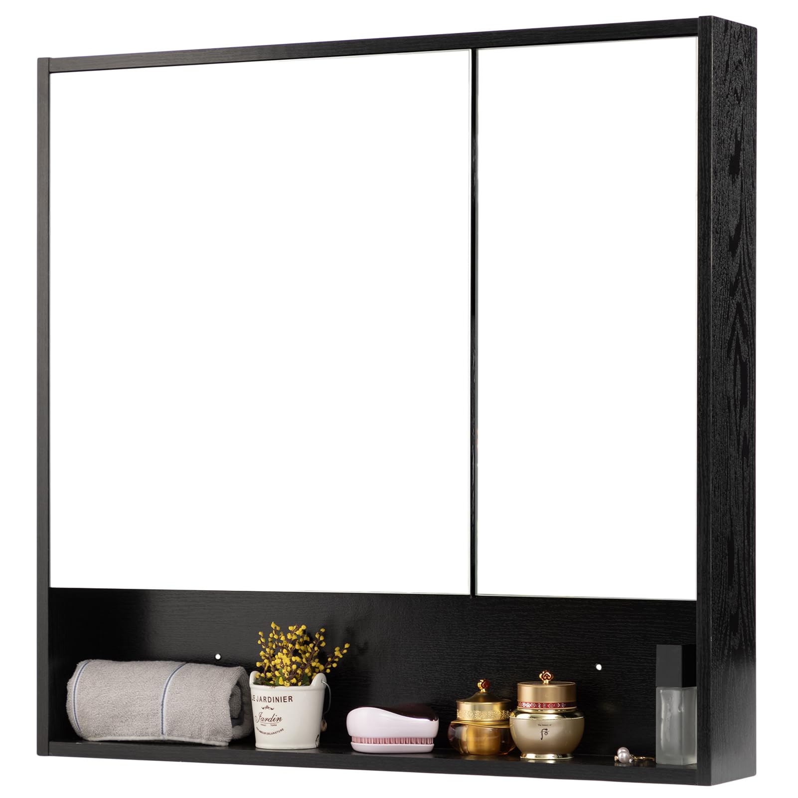 HollyHOME Bathroom Mirror Cabinets with Shelf, Double Mirror Door Bathroom Cabinet Wall Mounted Toilet Storage Cupboard, Black