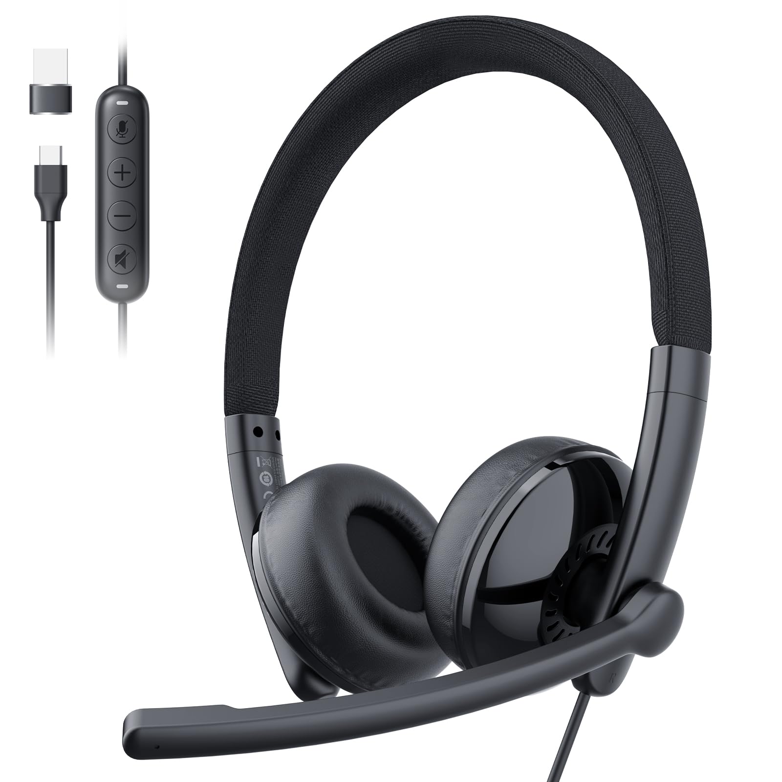 EMEET HS50 Wired Headset with Mic, On-Ear Computer Headphones with Noise Cancelling Microphone, USB-A/USB-C, Adjustable Design, in-line Control for Home Office Online Class Teams Zoom, All Day Comfort