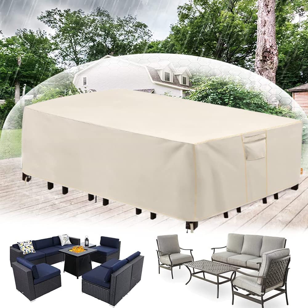 Goodsworldwide D&D Patio Furniture Covers, 100% Waterproof Patio Table Cover, 600D Heavy Duty Oxford Cloth Outdoor Table Cover, with Handles, Vents and Buckles (Beige,350*260*90cm)