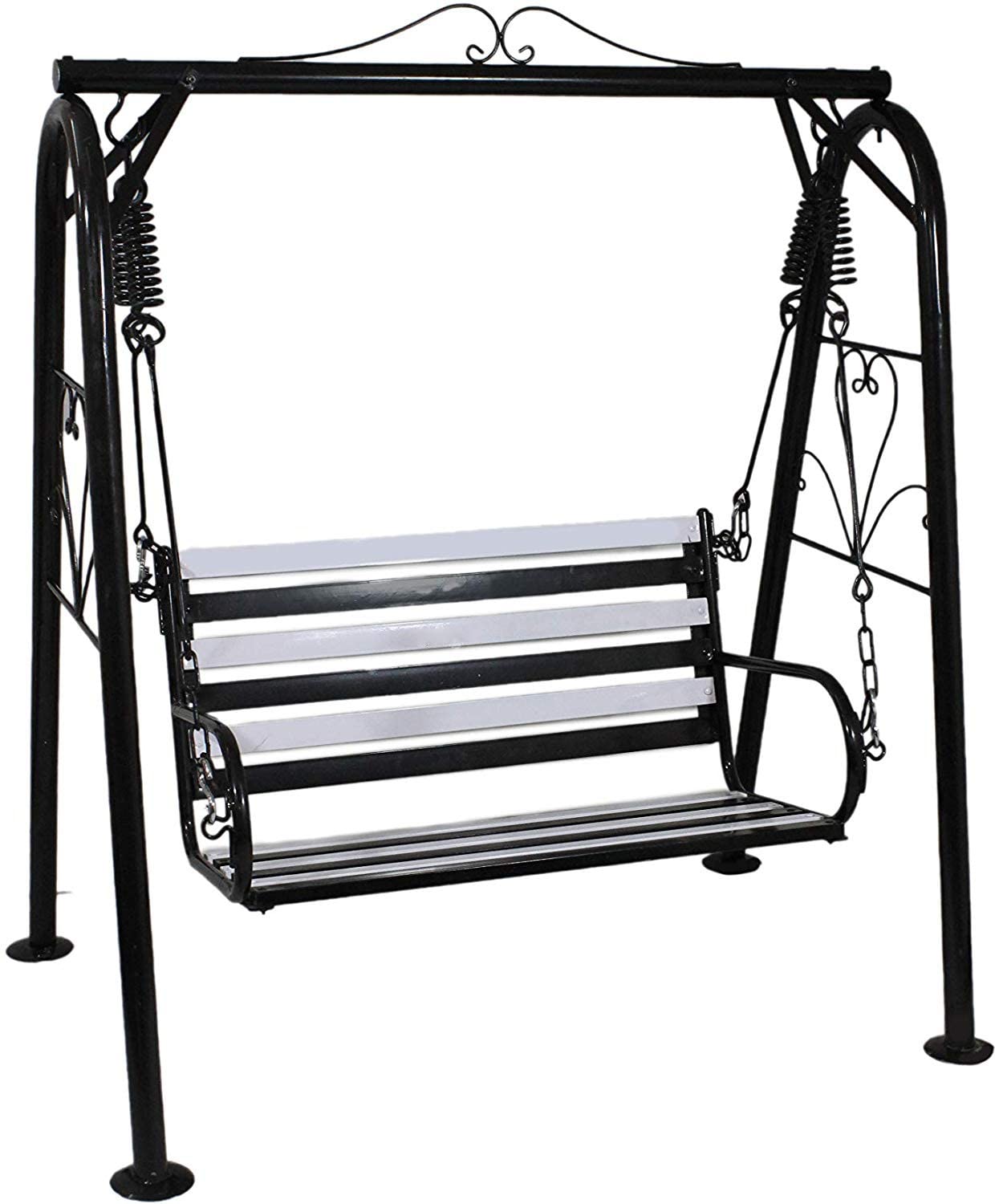 Carry Bird 2 Person Art Deco Vintage Inspired Yard Garden Lawn Hanging Patio Porch Swing Chair with Strong Weather Resistant Powder Coated Metal Iron Frame and Textile Seats; Standard; Black and White