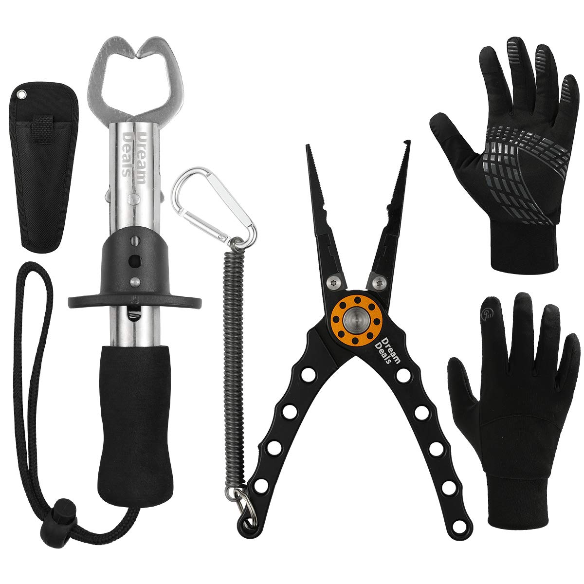 Dreamdeals Fishing Tools Set Aluminium Alloy Split Ring Pliers for Hook Removal, Fish Gripper and Water-Repellant Fishing Gloves - The Perfect Gear for Freshwater, Saltwater, Fly or Ice Fishing