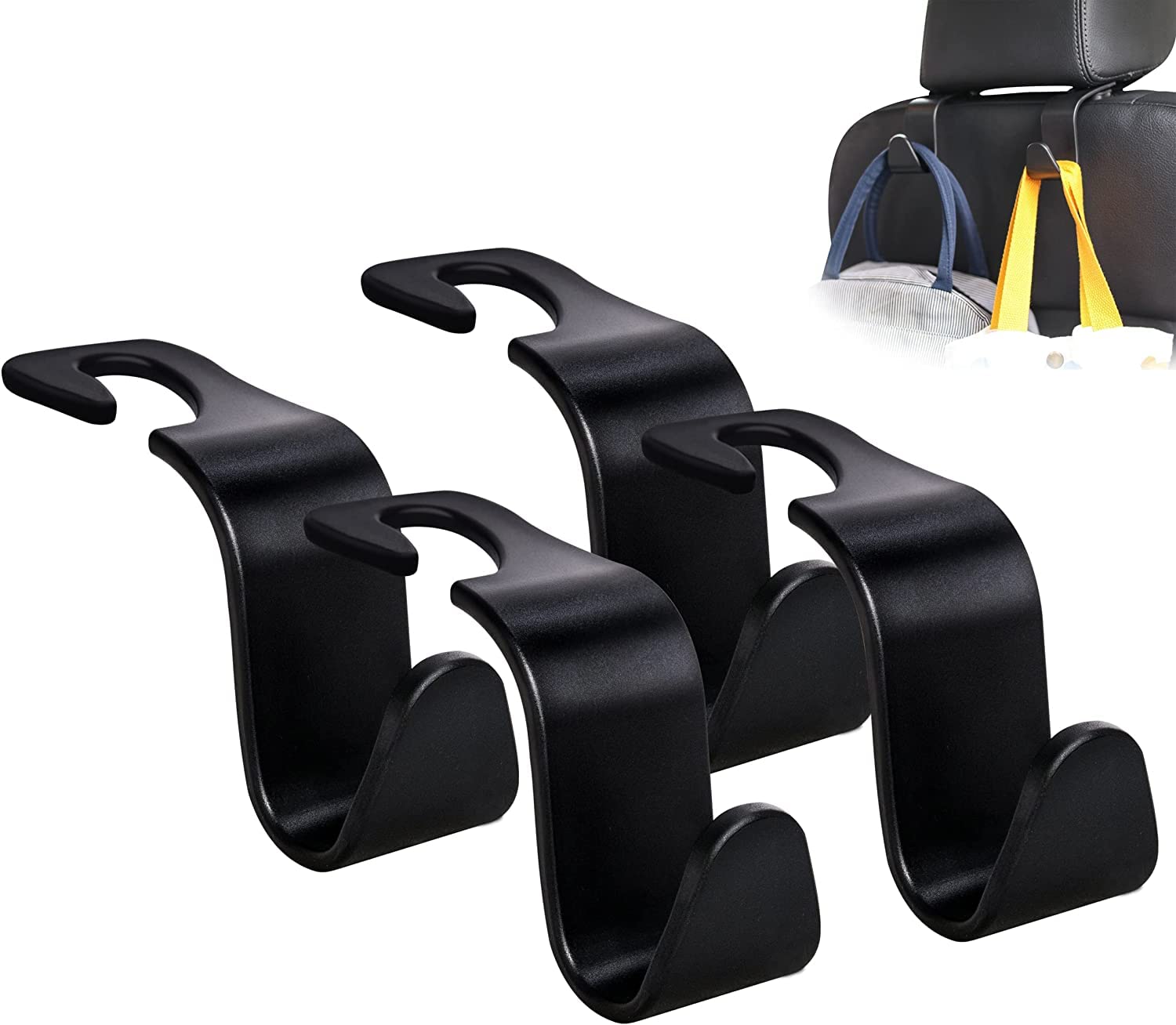 Sulfar Universal Vehicle Car Backseat Headrest Hanger Storage Organizer, Black Car Back Seat Headrest Hooks, Car Seat Accessory For Handbags, Purses, Coats, And Grocery Bags, Bottle Holder 4-Pack