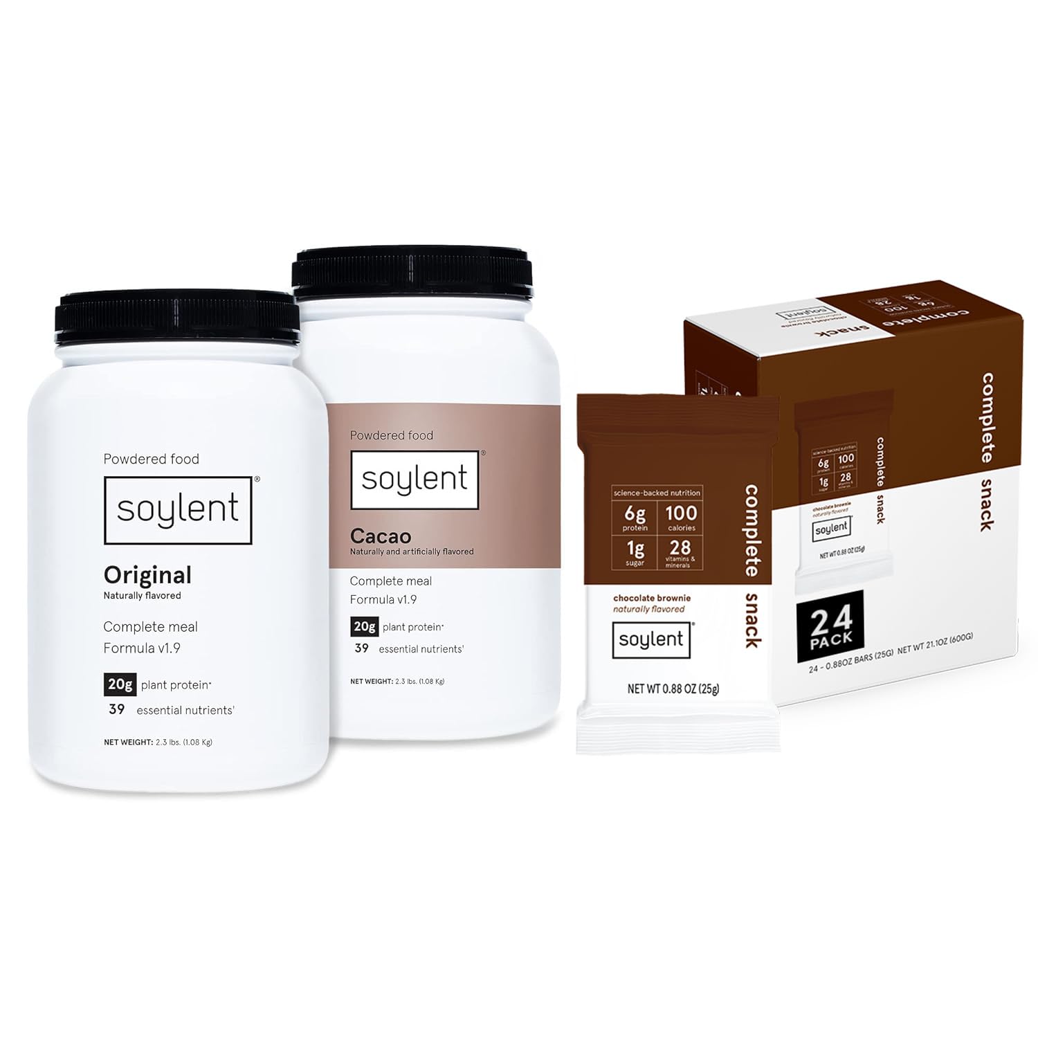 SoylentMeal Replacement Powder and Squared Bundle - 15.8 oz Cacao Powder, 15.8 oz Original Powder and 24 Chocolate Brownie Mini Snack Bars