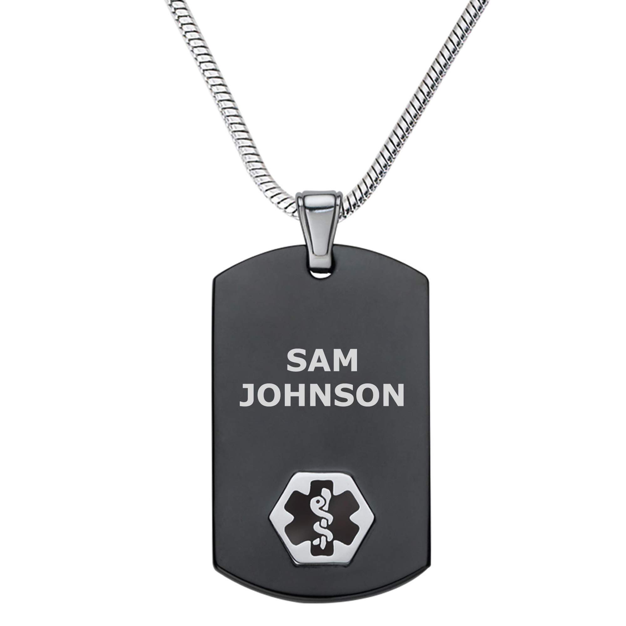 Divoti Deep Custom Laser Engraved Stainless Steel Medical Alert Necklace for Men, Chic Black & Silver Medical ID Necklace, Medical Dog Tag w/Free Engraving - 24/28" Various Chain -Color Options