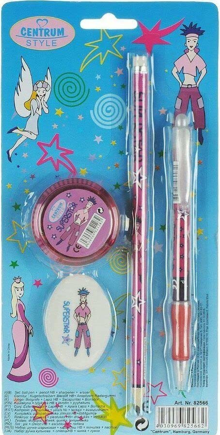 (𝟐 𝐏𝐚𝐜𝐤𝐬) Super Star Stationery Set Blister Pencil With Sharpener + Eraser + Pen Assorted Design for Students & Kids | Smudge Free Lines for Writing & Drawing