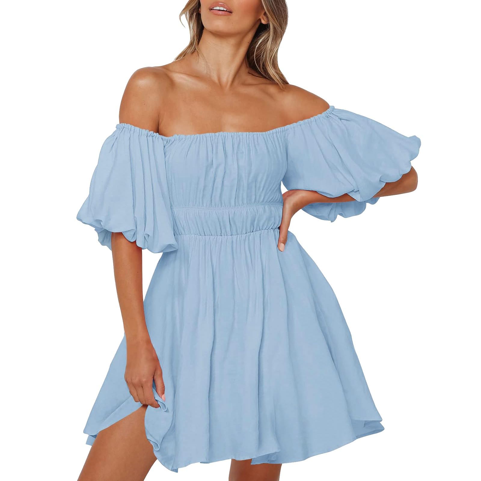 Womens Classic Sexy One line Neck Off Shoulder Bubble Sleeves Elastic Waist Fresh and Sweet Big Swing Dress