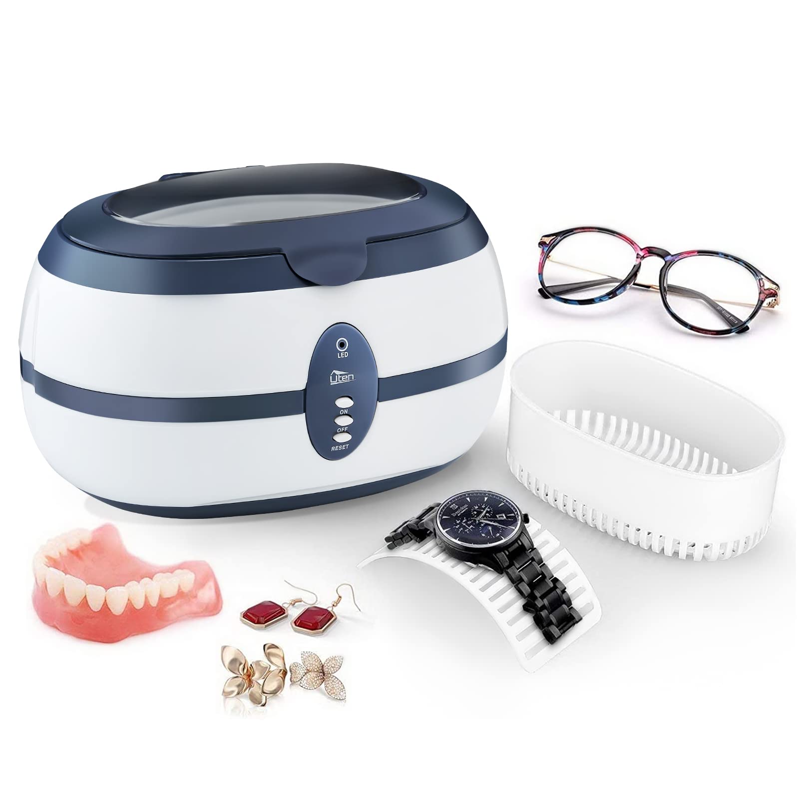 Ultrasonic Cleaner, Uten Professional Jewelry Cleaner Ultrasonic Machine with Watch Holder, Cleaning Basket for Rings, Jewelry, Eyeglasses, Watches, Dentures (600 ml), Low Power Sonic Cleaner 35W.