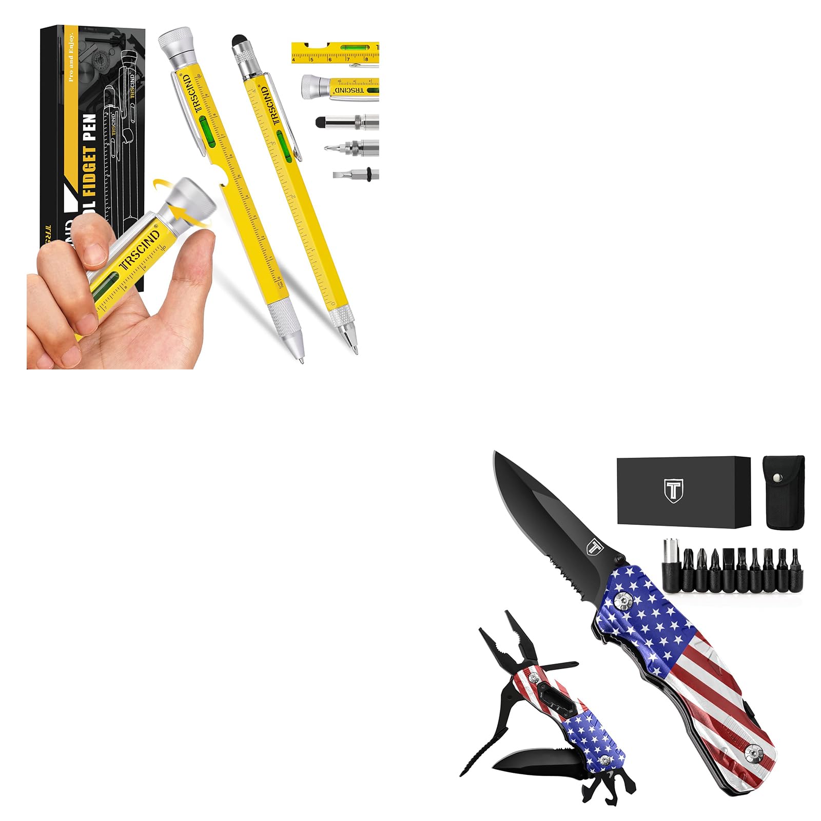 Multitool Pocket Knife American Flag, US Flag Folding Knife, Gifts for Patriotic, Christmas Stocking Stuffers for Men Him Dad Husband, Fidget Pen, 10 in 1 Multitool 2pc Set, Stocking Stuffers for Men