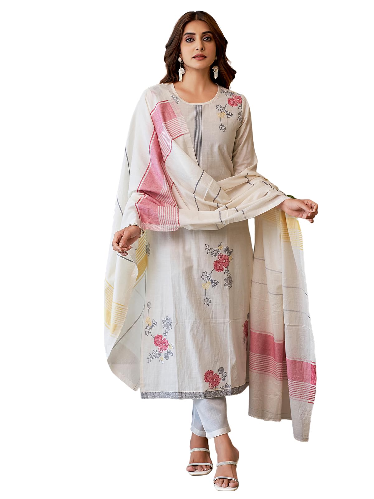 SanisaWomen's Cotton Jacquard Work Straight Kurta With Pant And Dupatta Set