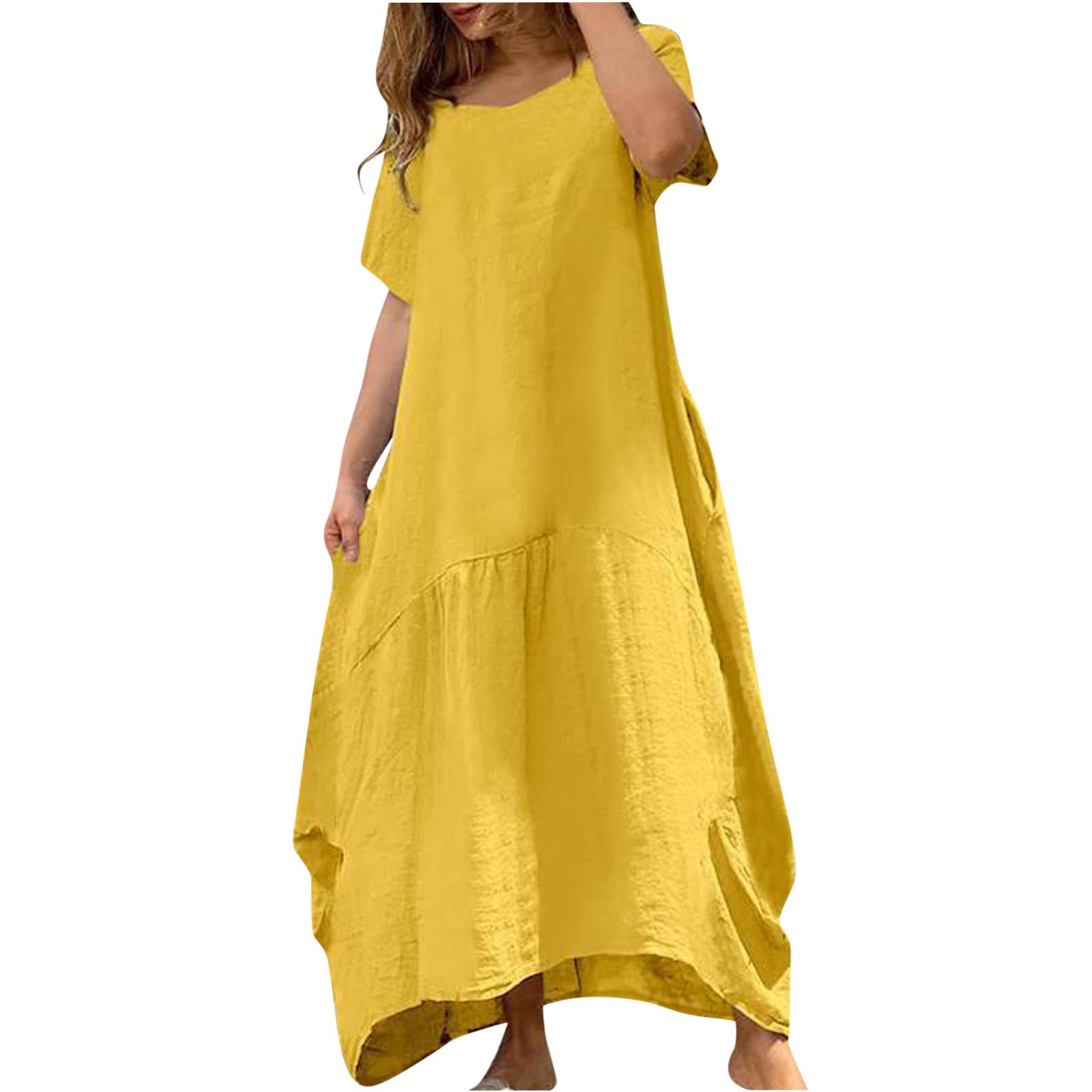 SMIDOWWomen's Loose Short Sleeve Wide-Hem Maxi Dress Solid Color Long Dress with Pockets Summer Vocation Dress Trendy Dress