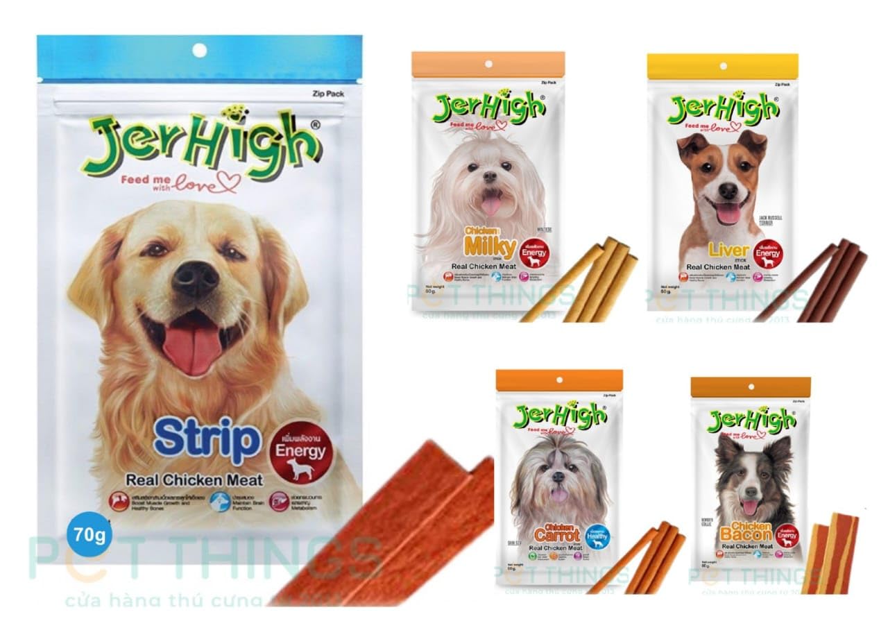 JerHigh Combo Flaouver (Carrot,Bacon,Strip,Milky,Liver) Healthy and Fresh Human Grade High Protein Chicken Stix, Dog Treats Stick for All Life Stages Suitable. 70g Pack of 5