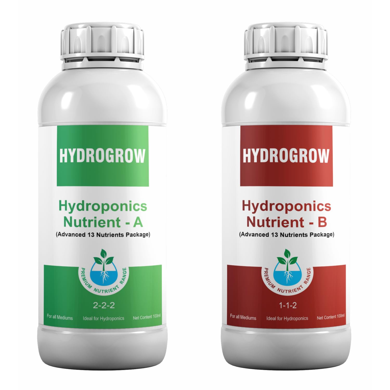 Garden Genie Hydro Grow A & B Hydroponic Nutrient Bottles - 100 ML Each| NPK, Macro & Micro Nutrients for Plants | Balanced Plant Nutrition for Hydroponics – Makes 20 liter Nutrient Solution