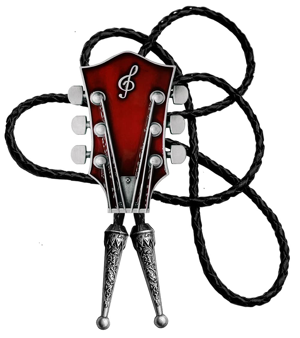 Moranse Bolo Tie With Guitar Music Lover Design Cowboy and Genuine Cowhide Rope