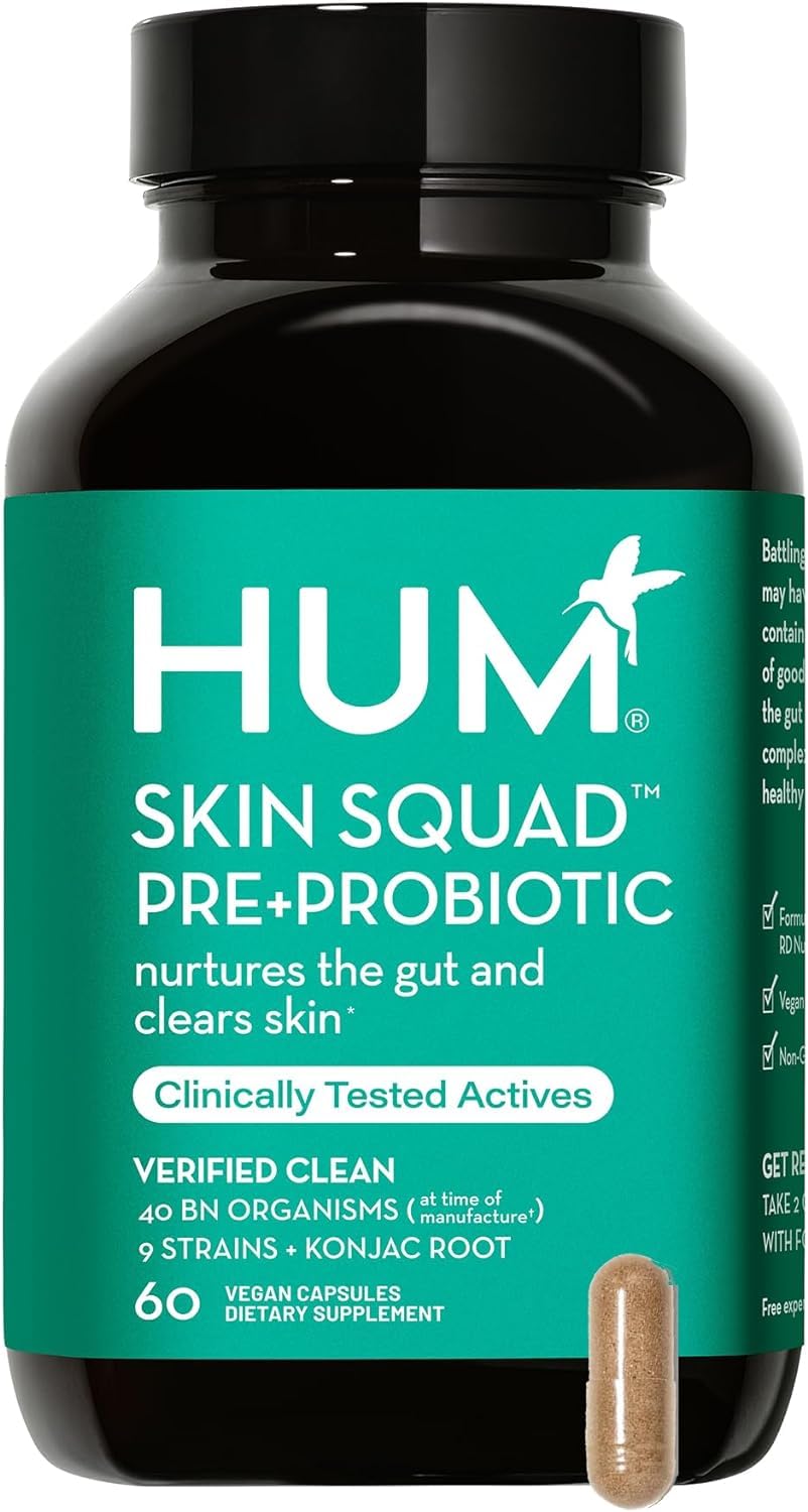 HUM Skin Squad - Probiotic Supplement for Clear Skin & Gut Health - Microbiome Probiotics for Problem Skin & Breakouts (60 Vegan Capsules, 30 Day Supply)