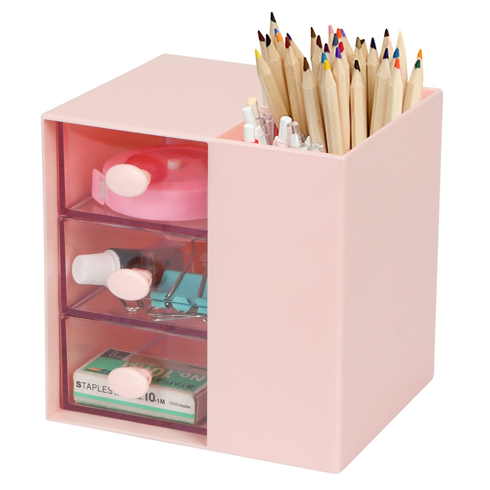 Toplive Desk Pencil Pen Holder, Office Desk Organizers Desktop Storage Pen Organizers with 3 Independent Drawers Stationery Supplies for Office,School,Home Pink