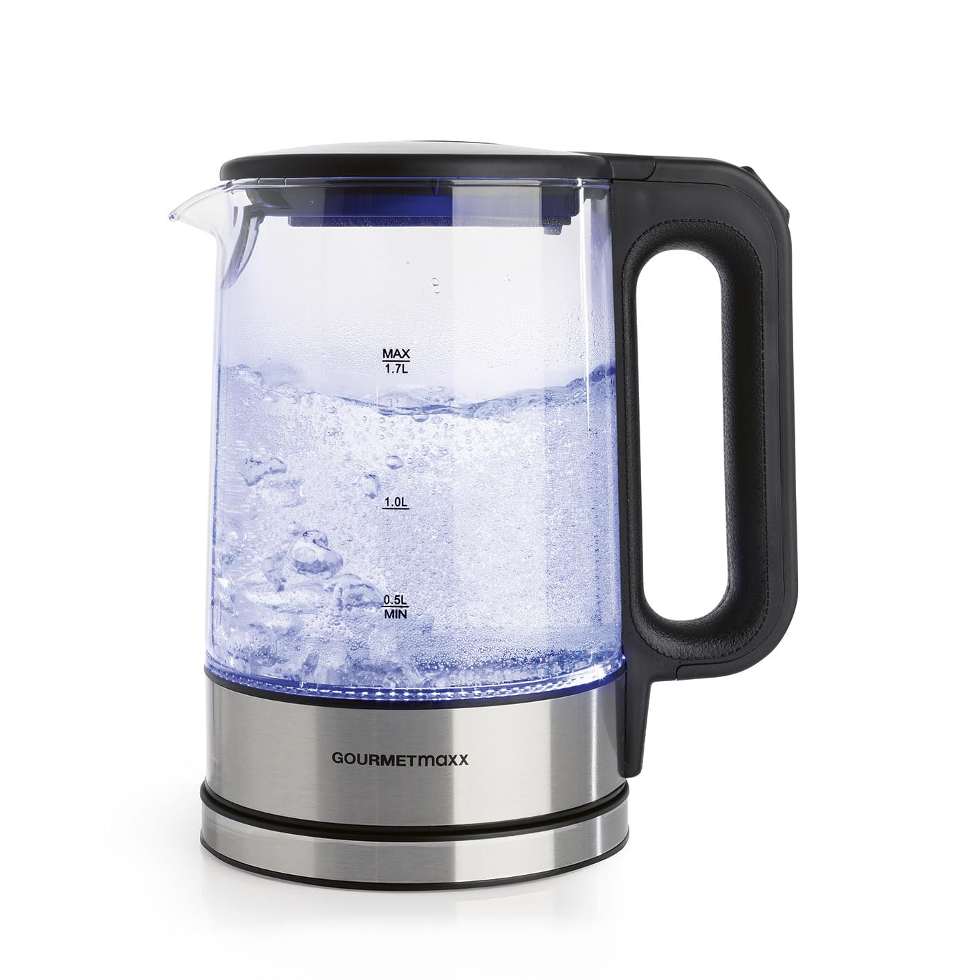 GOURMETmaxxGlass kettle in timeless design made of stainless steel with blue LED lighting, practical water level indicator, anti-limescale filter, 1.7 litre capacity