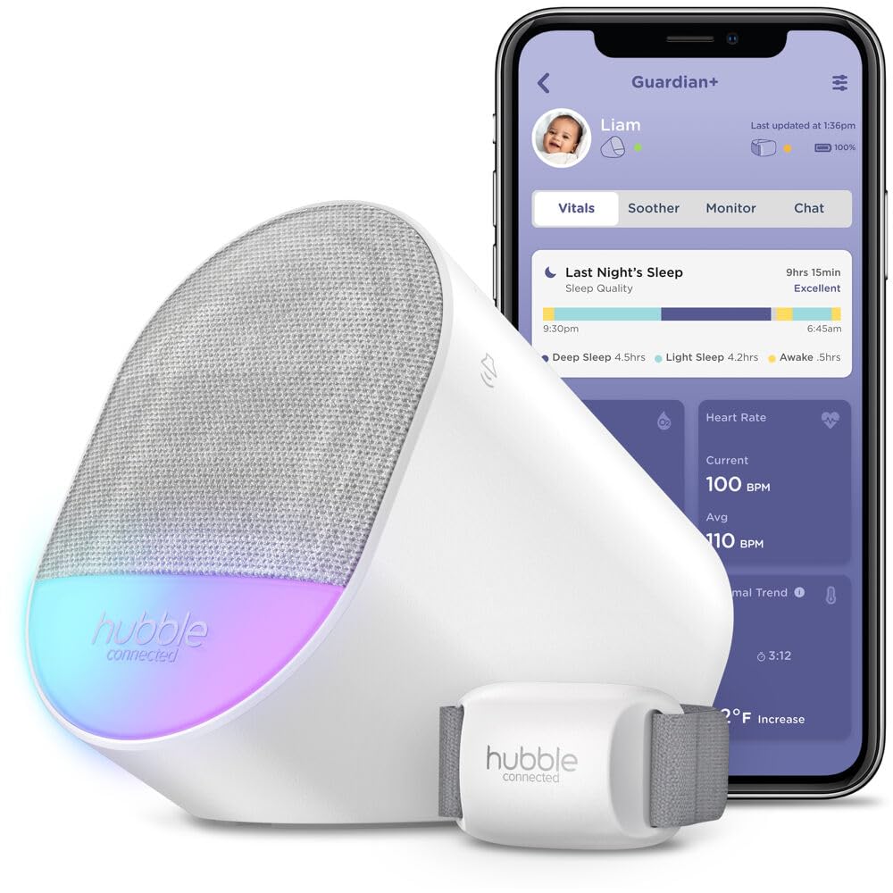 Hubble Connected Guardian+ Smart, Connected, Wireless, Wi-Fi Enabled Baby Movement Monitor, Soothing Sounds, White Noise, Heart-Rate and Breathing Monitor with Free Hubbleclub App