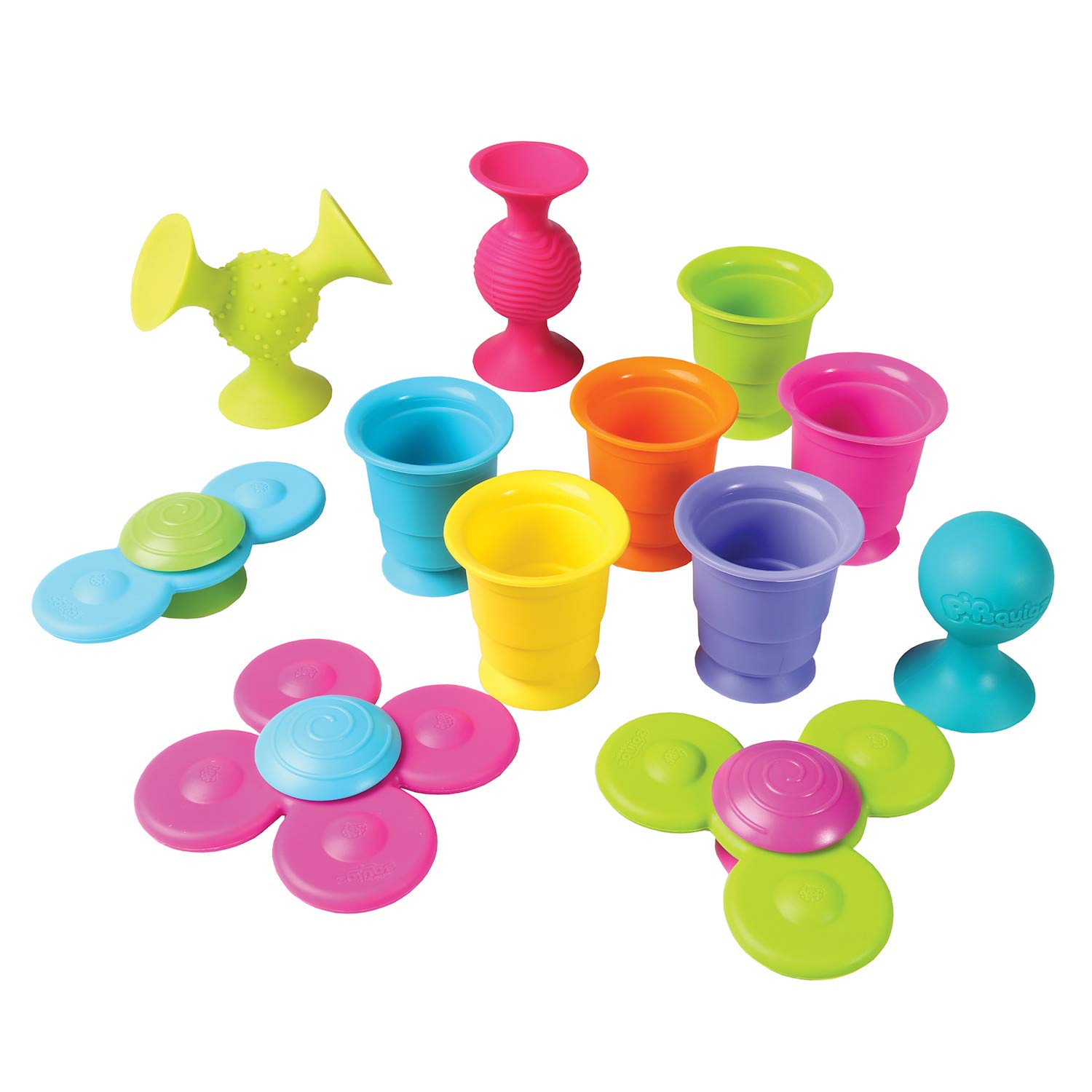 Fat Brain ToysPipsquigz Whirly-Squigz Suction-Kupz Set - 12 Piece Early Learner Toys - 6 Suction Kupz Stacking Toys, 3 PipSquigz, 3 Whirly Squigz Spinners in Zippered Storage Case - BPA-Free Silicone