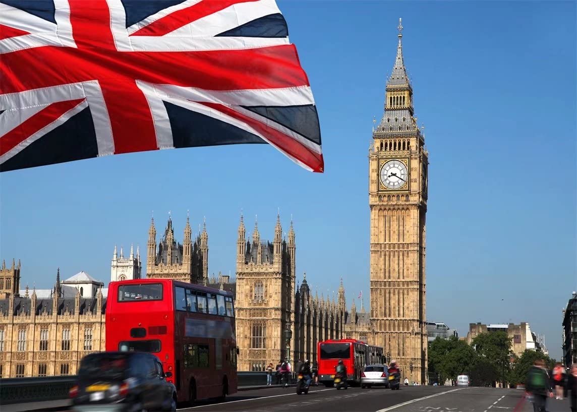 BELECO Big Ben Backdrop 7x5ft Fabric London Street Backdrop British Flag England Parliament House Buildings UK Photo Backdrop British Party Decorations Europe Travel Portrait Photoshoot Props