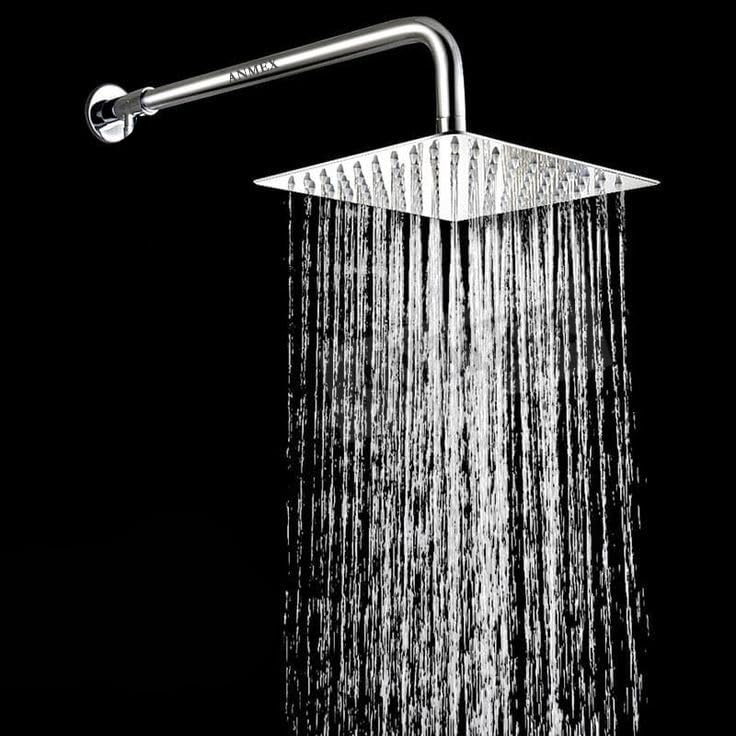 ANMEX Mirror SS-304 Grade Square UltraSlim High-Pressure Rainfall Shower Head for Bathroom With Long Bend Shower Fit Arm and Wall Flange (12X12 (12") with 15inch Long Bend Arm)