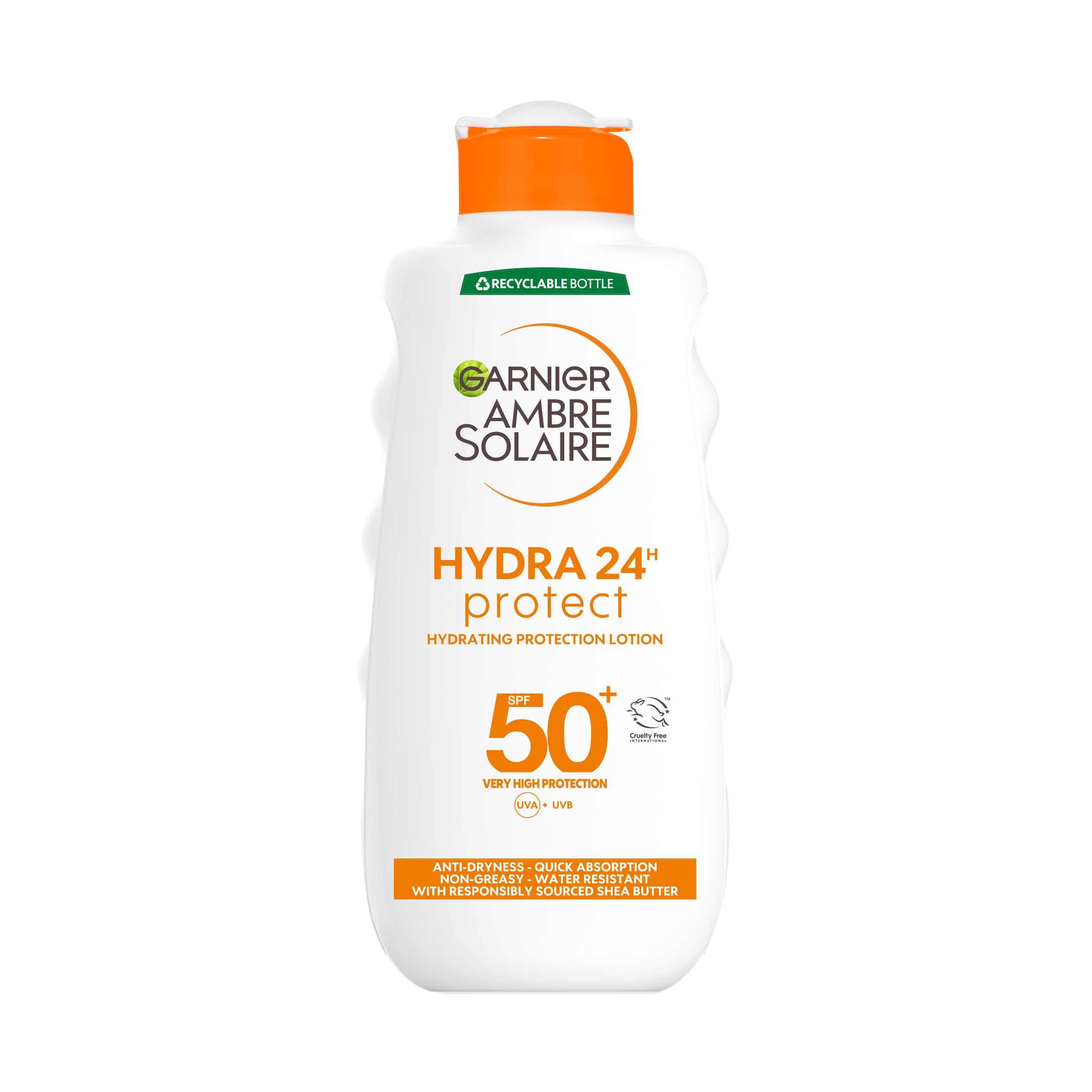 GarnierAmbre Solaire Hydra 24 Hour Protect Lotion, Water Resistant Sunscreen, With Shea Butter, Uva And Uvb Protection, Unscented, Sun Protection Factor 50, 200 Ml, Pack Of 1