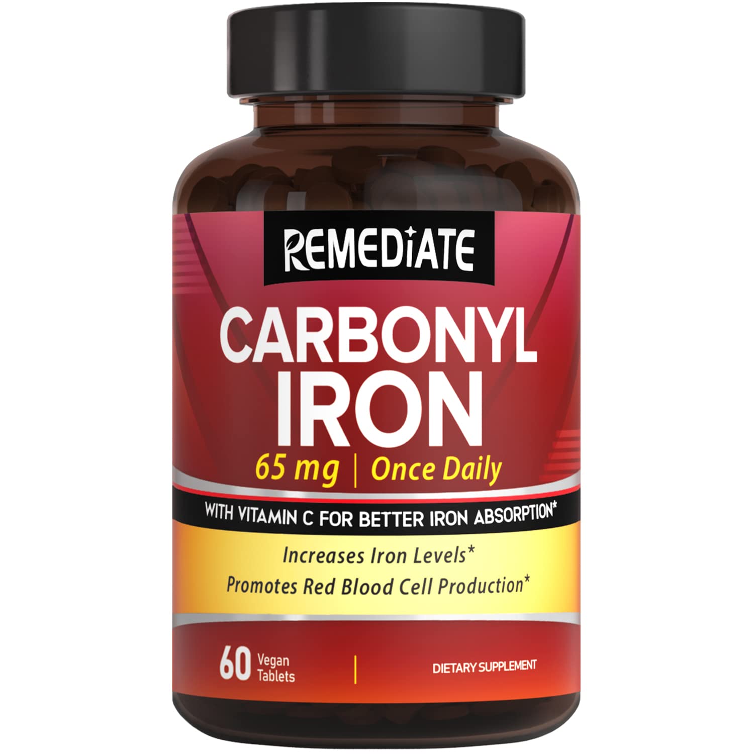 Carbonyl Iron with Vitamin C, Optimal Absorption, 65 mg Gentle Iron for Men & Women, Energy Support & New Red Blood Cell Formation, Easy on The Stomach, Vegan, Once Daily, Non-GMO, 60 Tabs