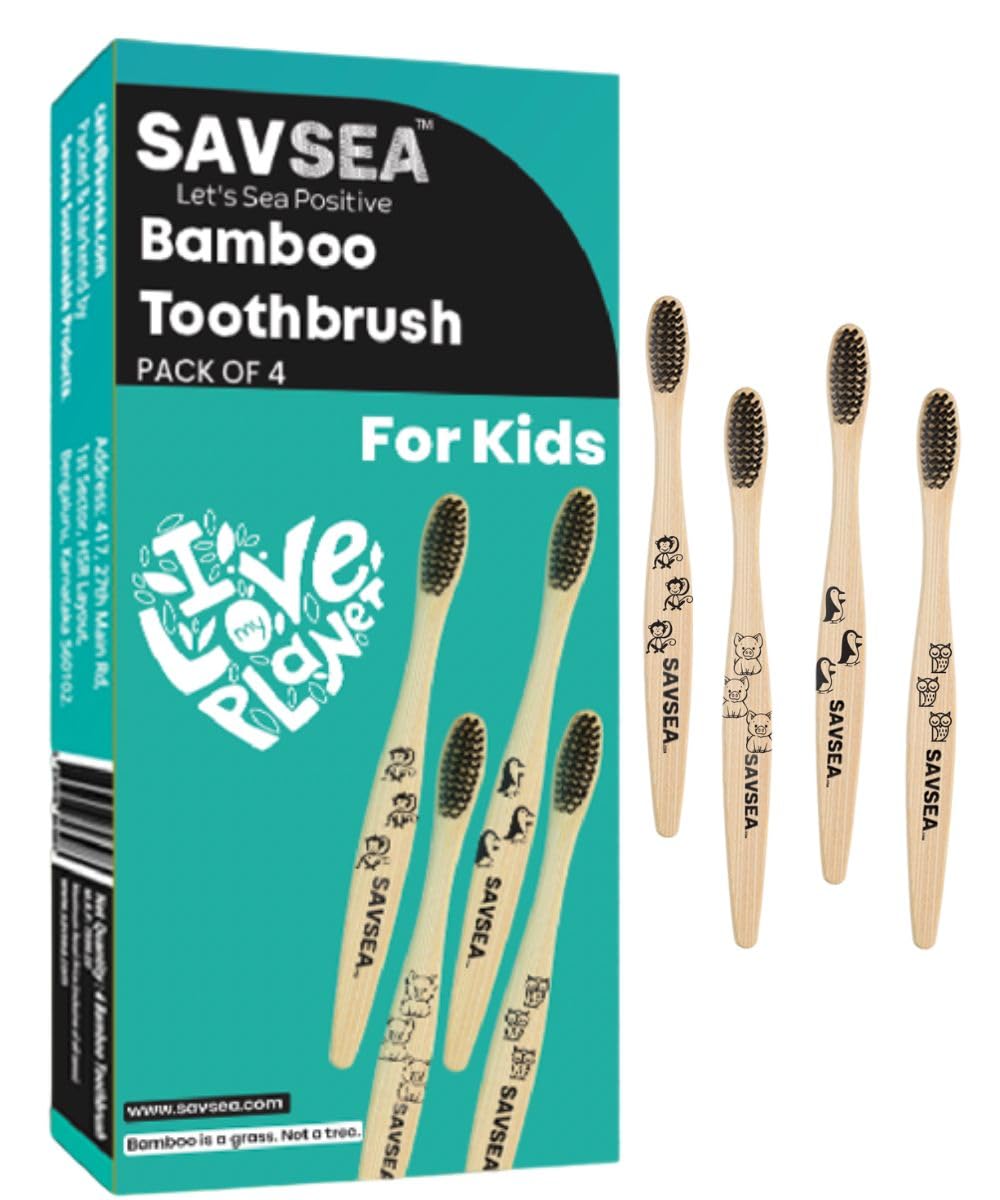 SavSea Kids Bamboo Toothbrush | Playful Animal Patterns for Fun Brushing | Pack of 4