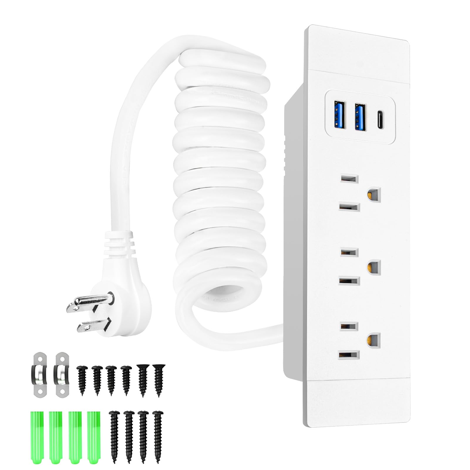 Recessed Furniture Power Strip with One USB-C, Two USB-A, and Three AC Outlets - 5FT Power Cord with Spring Cable, UL Listed for Safe & Tidy Drawer Installation(White)