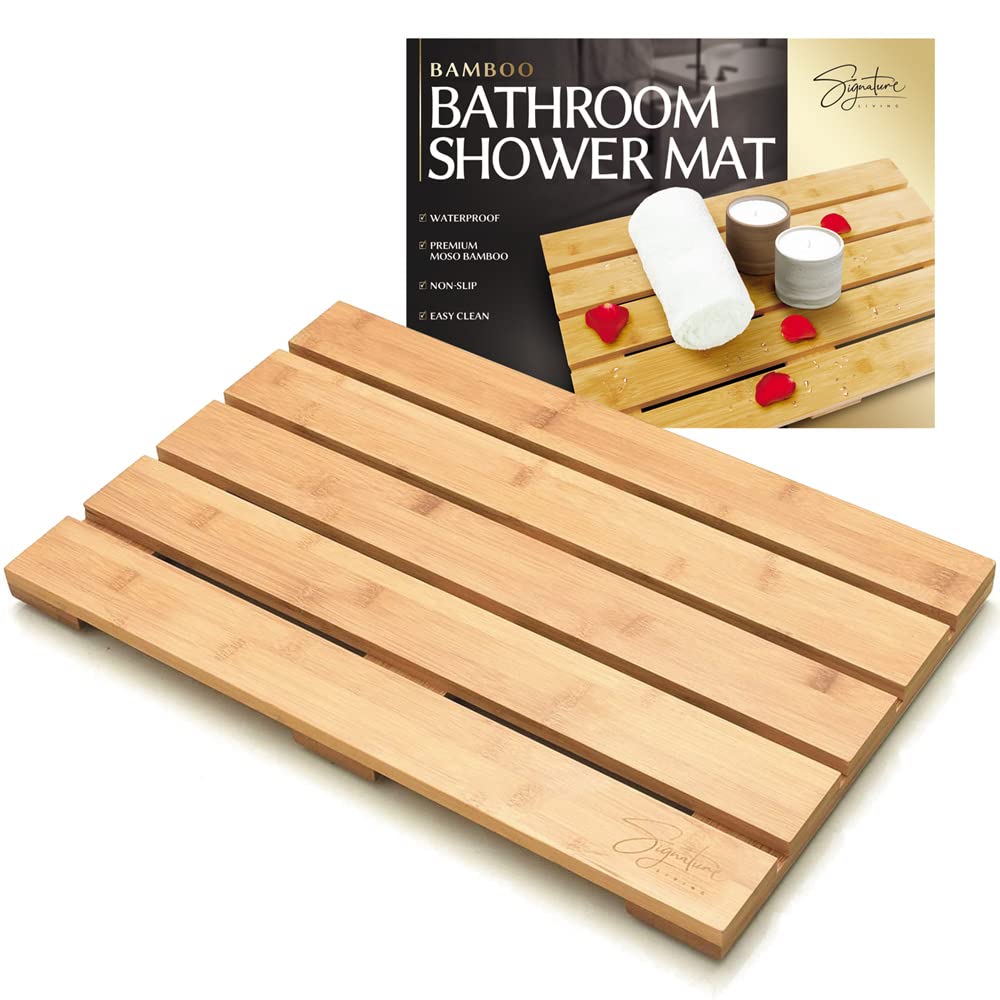 Signature Living Bamboo Bath Mat for Bathroom, Outdoor Shower, Sauna, Spa - Non-Slip Wood Shower Mat - Bamboo Shower Mat - Wooden Bath Mats - Wood Bath Mat