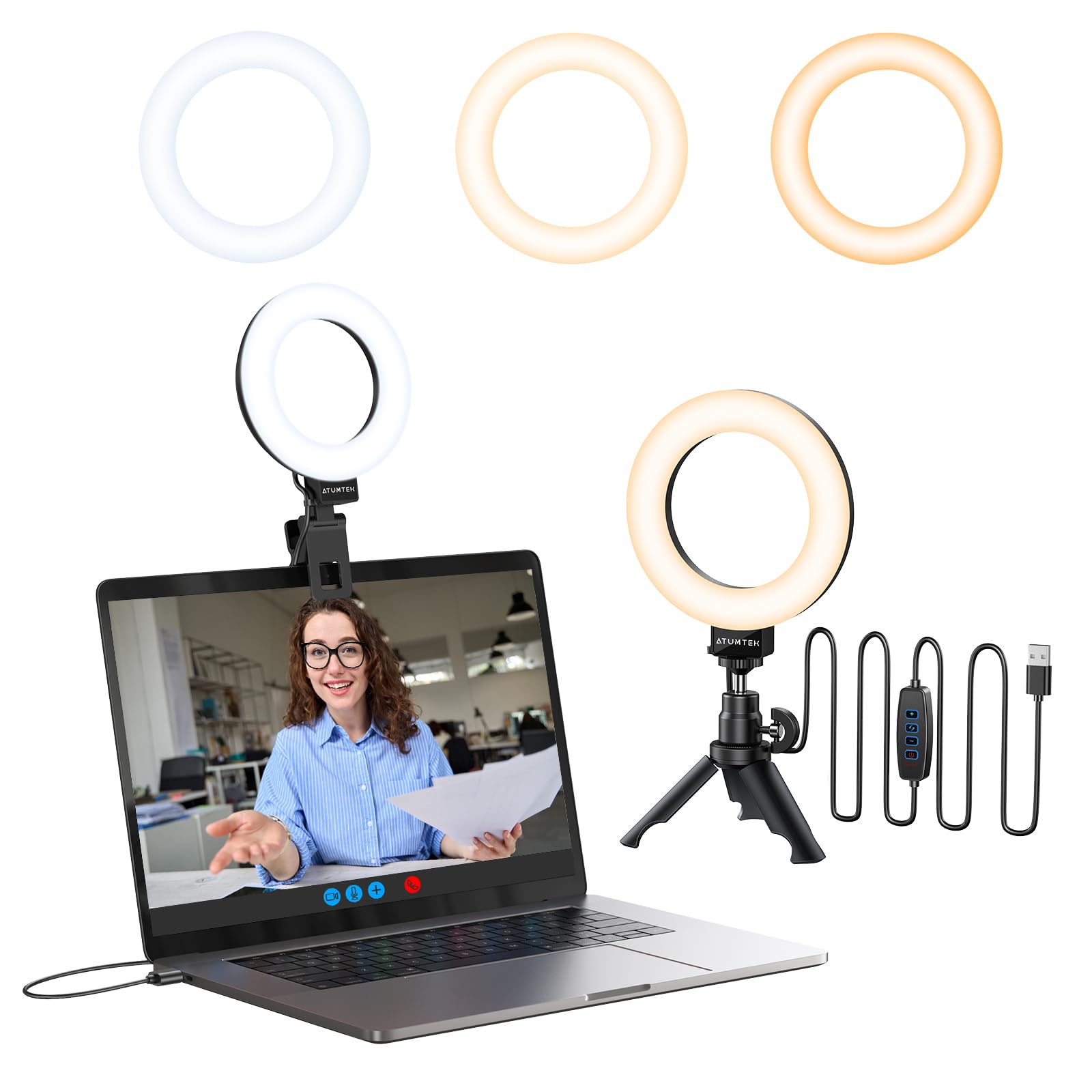 ATUMTEKRing Light with Clip & Tripod, 5" Video Conference Lighting Clip On Laptop Monitor, Webcam Light with 3 Dimmable Color & 10 Brightness Level for Remote Working/Zoom Calls/Live Streaming