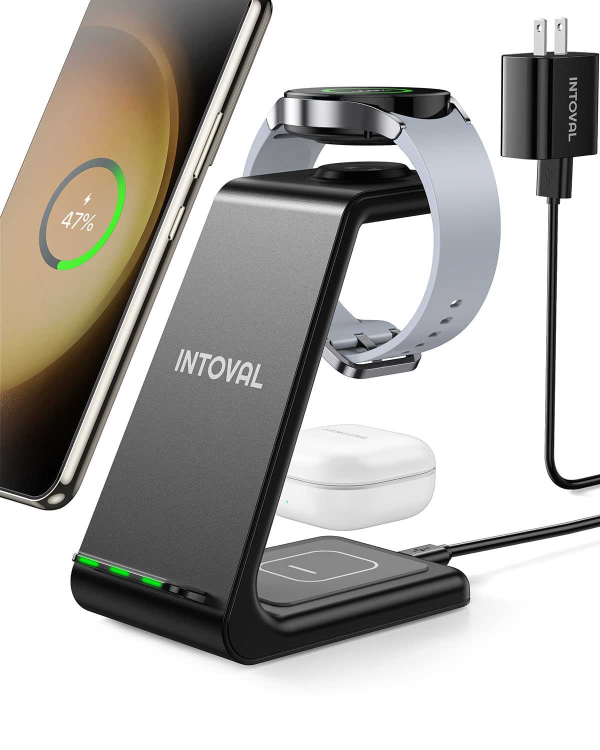 Intoval Wireless Charger,Wireless Charging Station for Samsung Galaxy Phone/Watch/Buds,Fit for Note 20/Note 10/S21/S20,Galaxy Watch 4/3,Active 2/1,Galaxy Buds/Pro/+/Live(S3,Black)