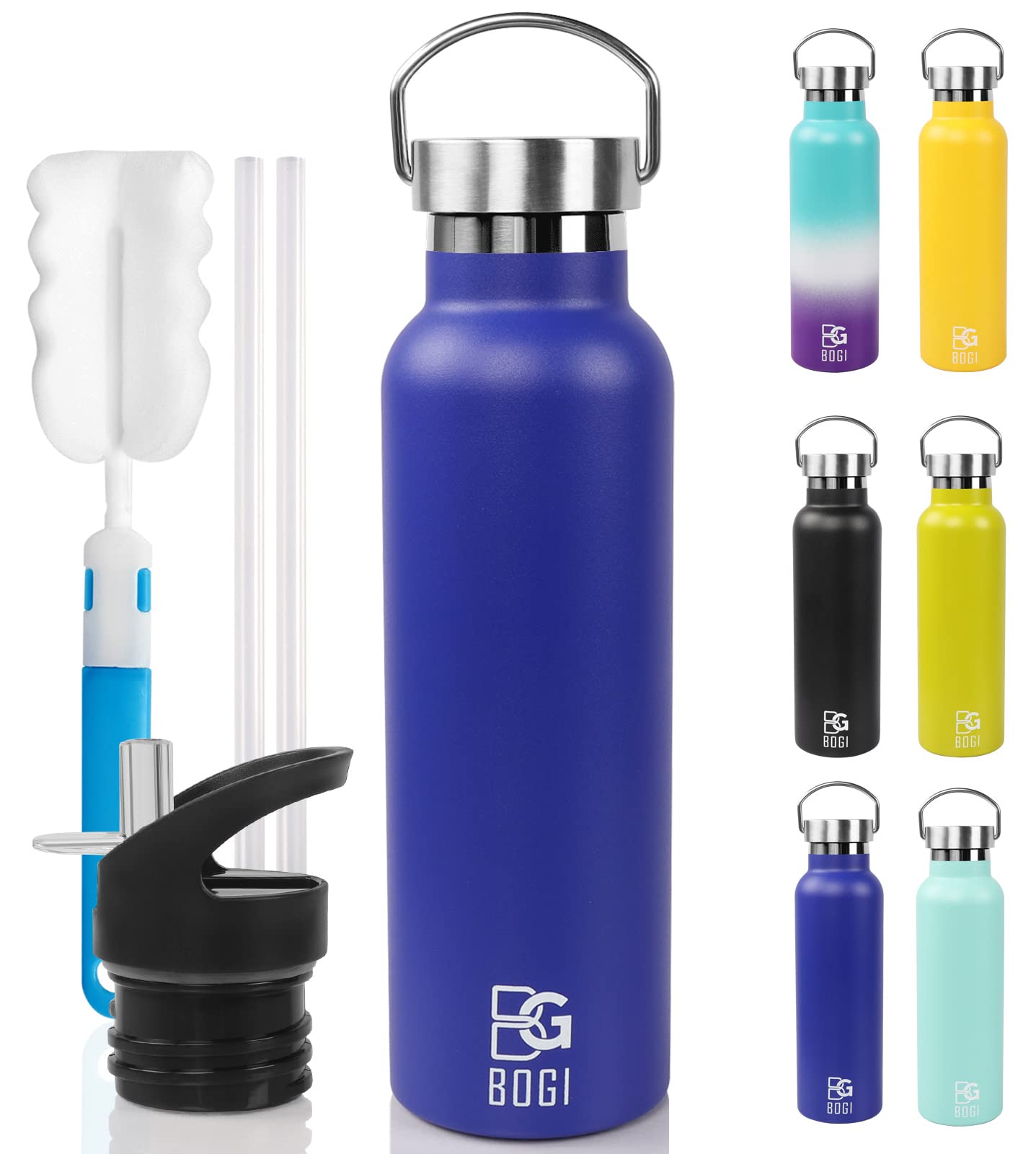 BOGI 20oz Insulated Water Bottle, Wide Mouth Stainless Steel Water Bottles Leakproof Metal Water Bottle with Straw and Handle BPA Free Steel Water Bottle for School Fitness Outdoor Sports-Dark blue