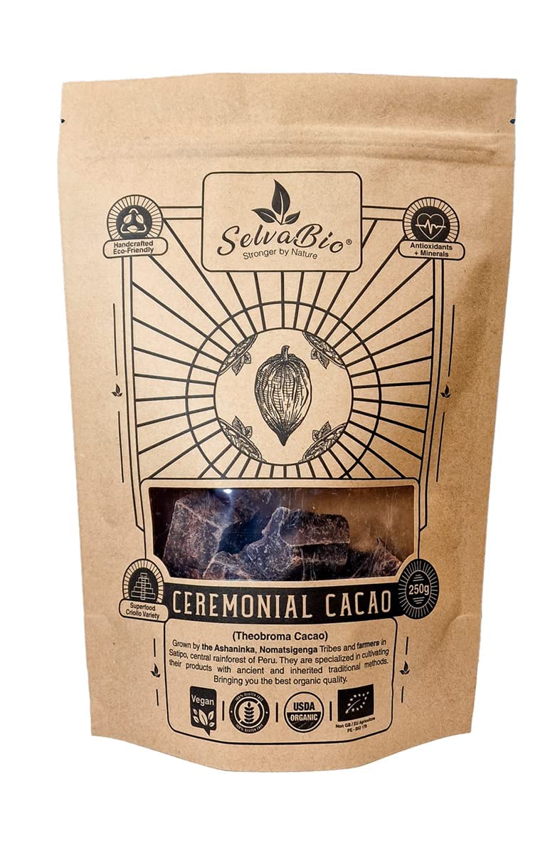 Organic Ceremonial Grade Cacao - 100% Raw Criollo Variety from Farmers and Ashaninka & Nomatsigenga Tribes in Peru, 250g