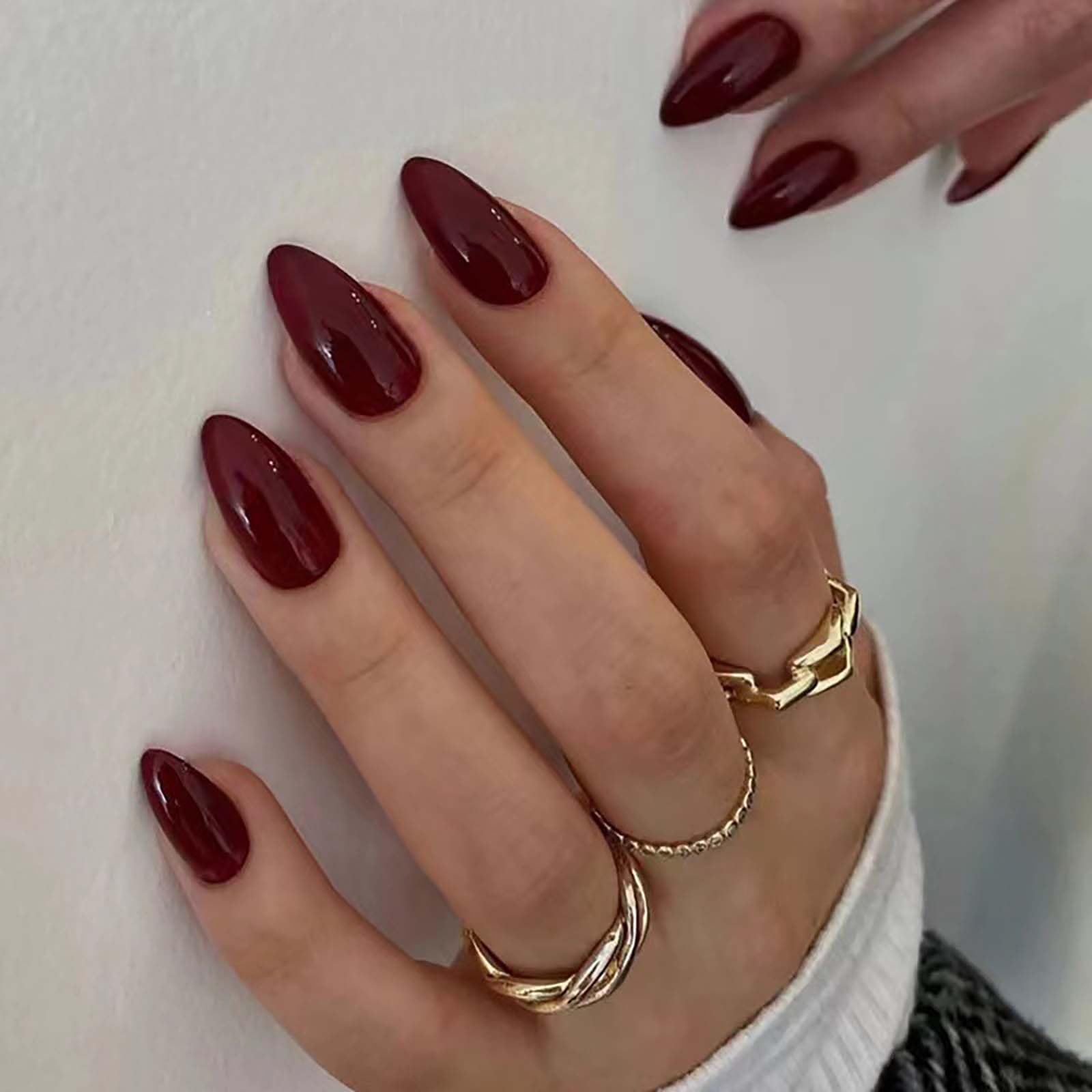 24Pcs Medium Almond False Nails in Wine Red French Tip - Glossy Pure Color Gel, Burgundy Glue On, Full Cover Oval Shape - Perfect for Women and Girls