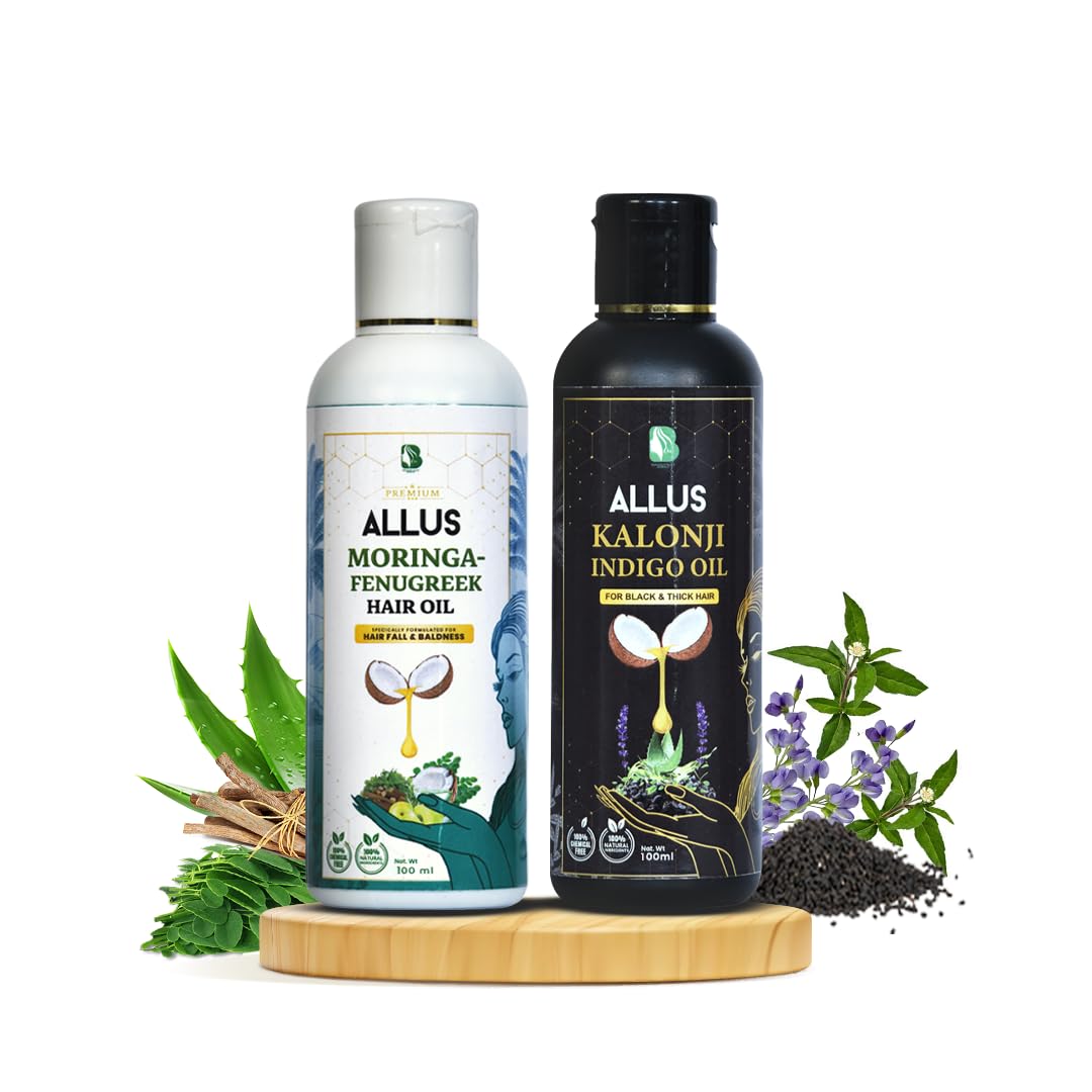 ALLUS KALONJI INDIGO OIL | ALLUS MORINGA-FENUGREEK HAIR OIL | FOR MEN & WOMEN & CHILDREN | CONTROL HAIR FALL & DANDRUFF - 100ML x 2