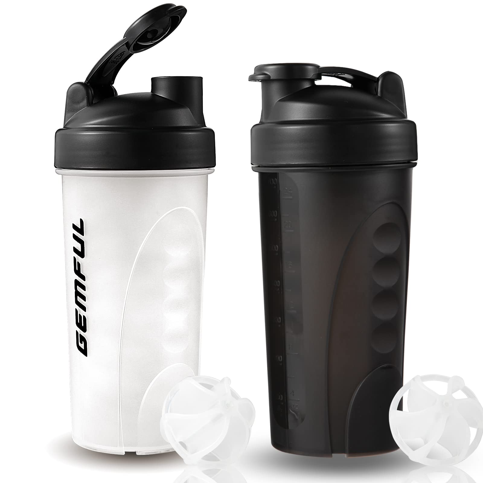 GEMFULShaker Bottle for Protein Mixes BPA-Free Leak Proof Smothies Mixer Water Cups 750 ML 2 Pack, Black