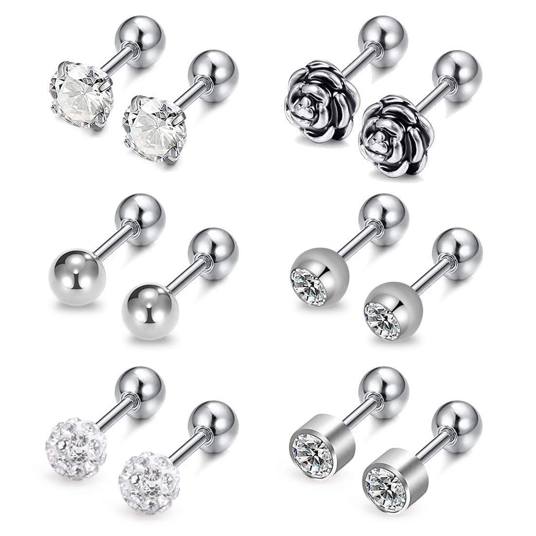 AVYRING16G CZ & Ball & Rose Tragus Earrings Stainless Steel Stud Ear Piercing Helix Earrings Piercing for Women Men 6 Pairs - Silver