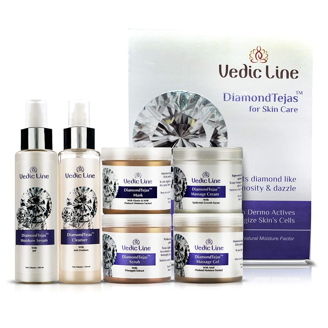 Vedic Line Diamond Tejas Skin Care Facial Kit ,Helps To Reduce Dullness, Signs Of Ageing With Jojoba Oil, Diamond Bhasma And Vitamin B3 For Natural Glowing Face, 600Ml